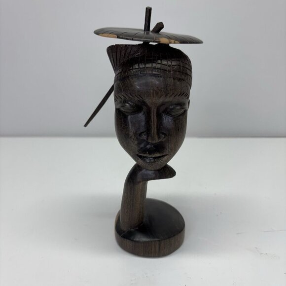 Vintage Hand Carved Ebony Wood African Sculpture Tribal Mens Bust Removable Hat - Picture 1 of 16
